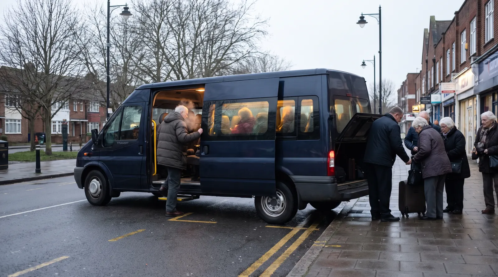 A dark navy 16-seat minibus parked at the kerb on Stanmore Broadway on an overcast winter afternoon, its side door open and interior lit, an older tour group boarding unhurriedly while the driver lifts a case into the luggage bay in front of a parade of shopfronts and bare trees.