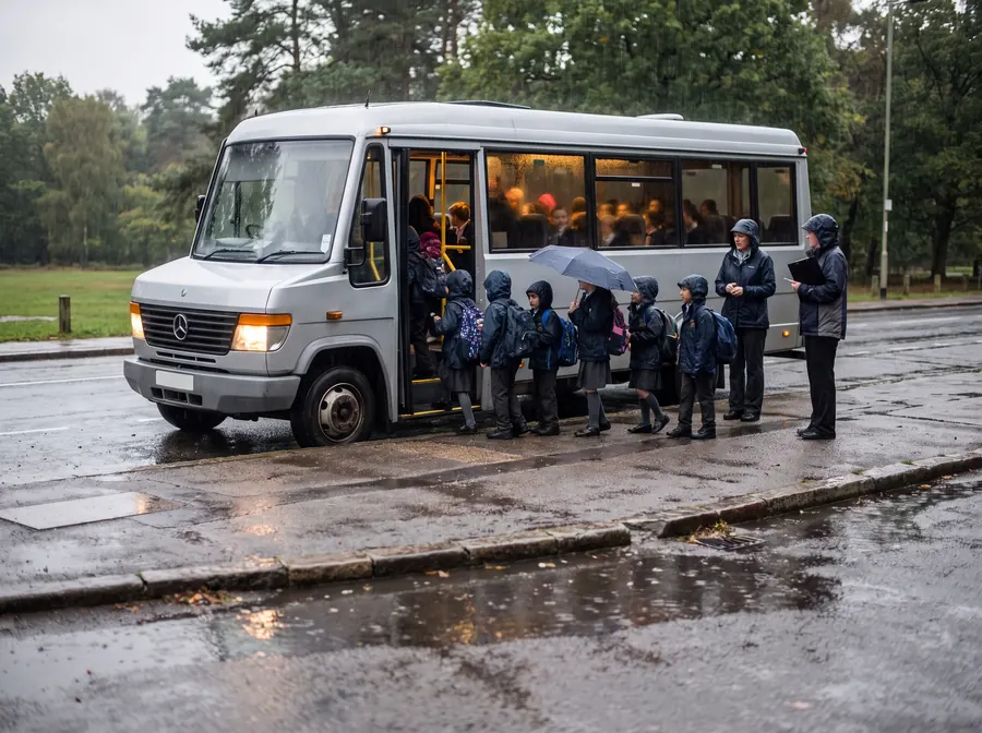 A silver-grey 16-seat minibus at the kerb on the road beside Stanmore Country Park in steady rain, headlights on and side door open, a school group in uniform boarding in a line under umbrellas while two teachers count them on, woodland and open grass behind.