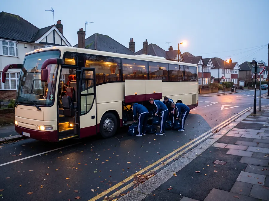 A cream and burgundy touring coach at the kerb of a Stanmore street of large 1930s detached houses at dawn, street lamps still lit and the sky pale blue, a sports team in matching tracksuits loading kit bags into the open luggage bay.